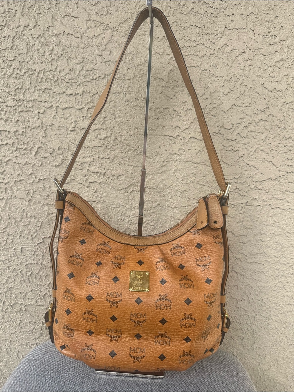 MCM Cognac Monogram Hobo Shoulder Bag with Gold Plaque